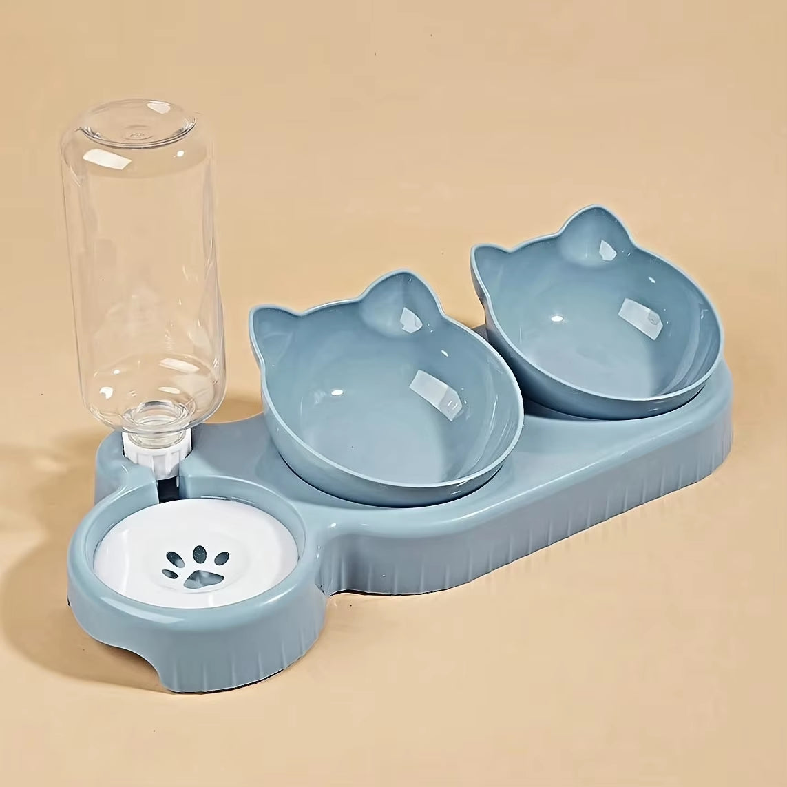 3-in-1 Tilted Cat Bowl Set with Gravity Water Feeder and Ear Design for Neck Protection
