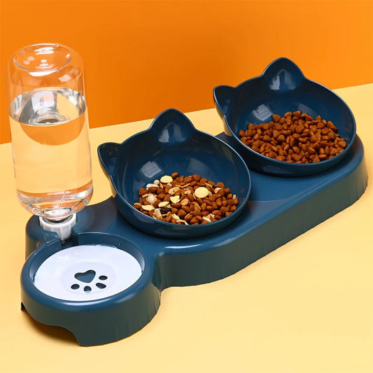 3-in-1 Tilted Cat Bowl Set with Gravity Water Feeder and Ear Design for Neck Protection