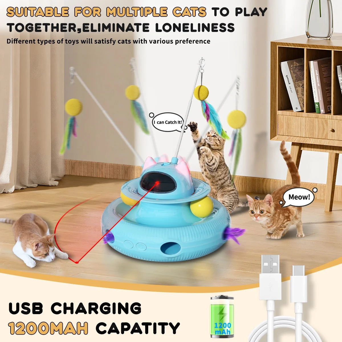 4 in 1 Interactive Cat Toys for Indoor Cats, Cat Laser Toys with 360°Rotation, Interactive Exercise Play Kitten Toy,Automatic Cat Wand Toy,Track Balls,Indoor Exercise Cat Kicker with USB Rechargeable