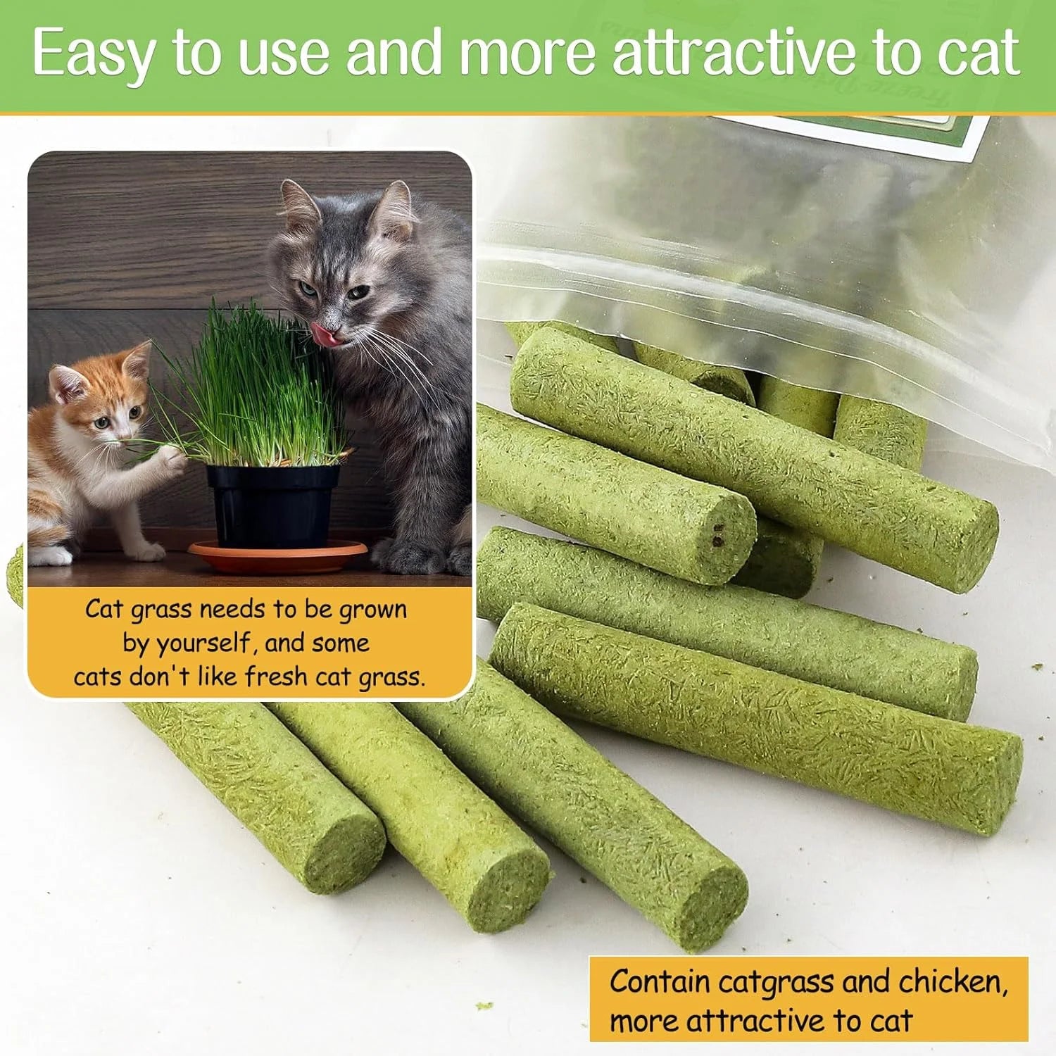 50G Cat Grass Teething Stick, Freezed Drying Cat Grass Sticks Snacks for Cats, Edible Cat Treats for Teeth Cleaning and Hairball Removal