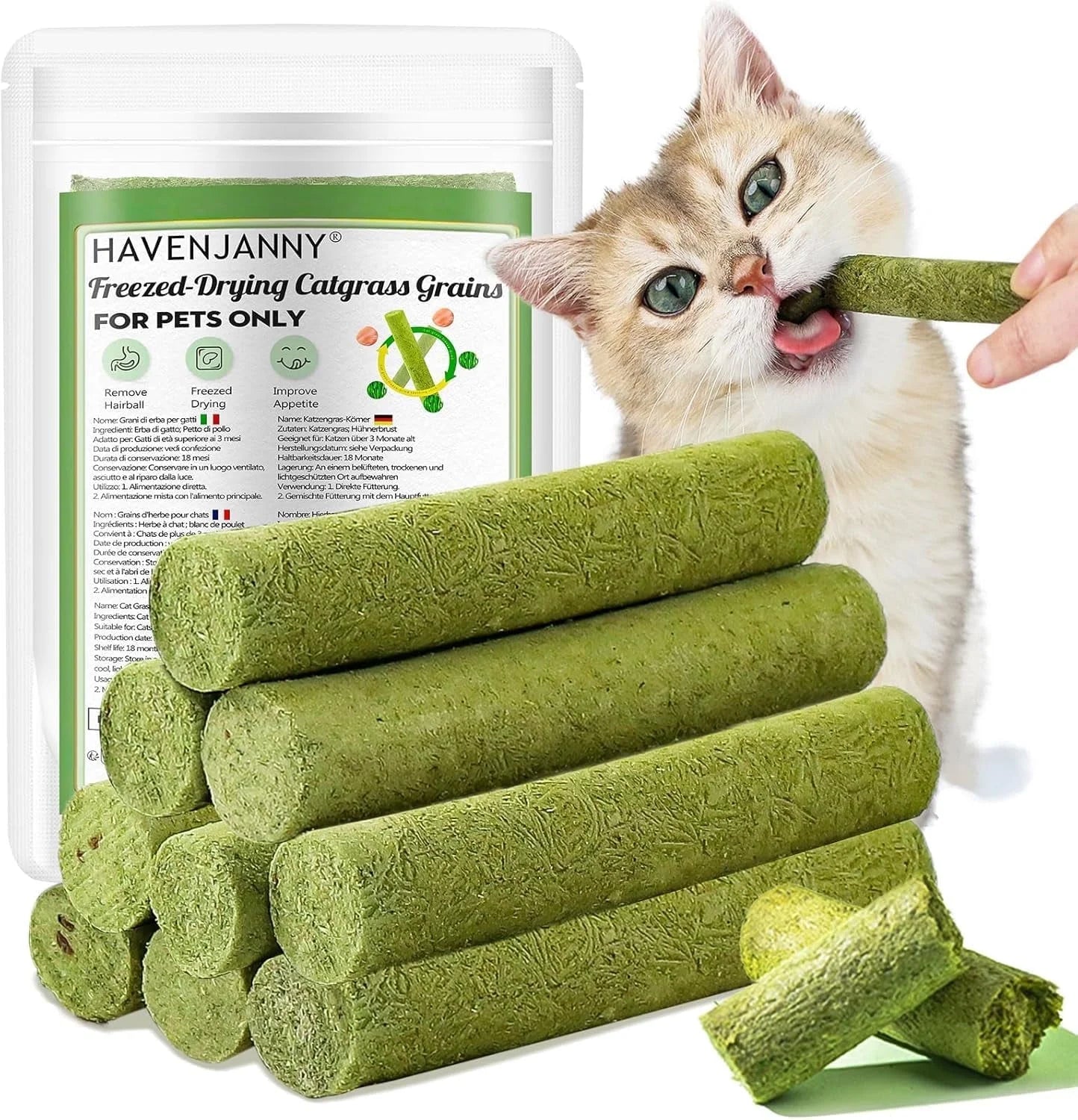 50G Cat Grass Teething Stick, Freezed Drying Cat Grass Sticks Snacks for Cats, Edible Cat Treats for Teeth Cleaning and Hairball Removal