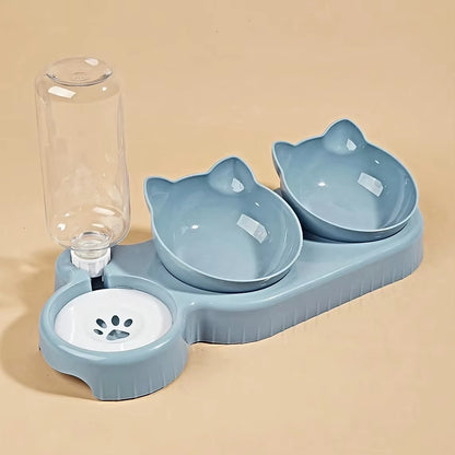 3-in-1 Tilted Cat Bowl Set with Gravity Water Feeder and Ear Design for Neck Protection