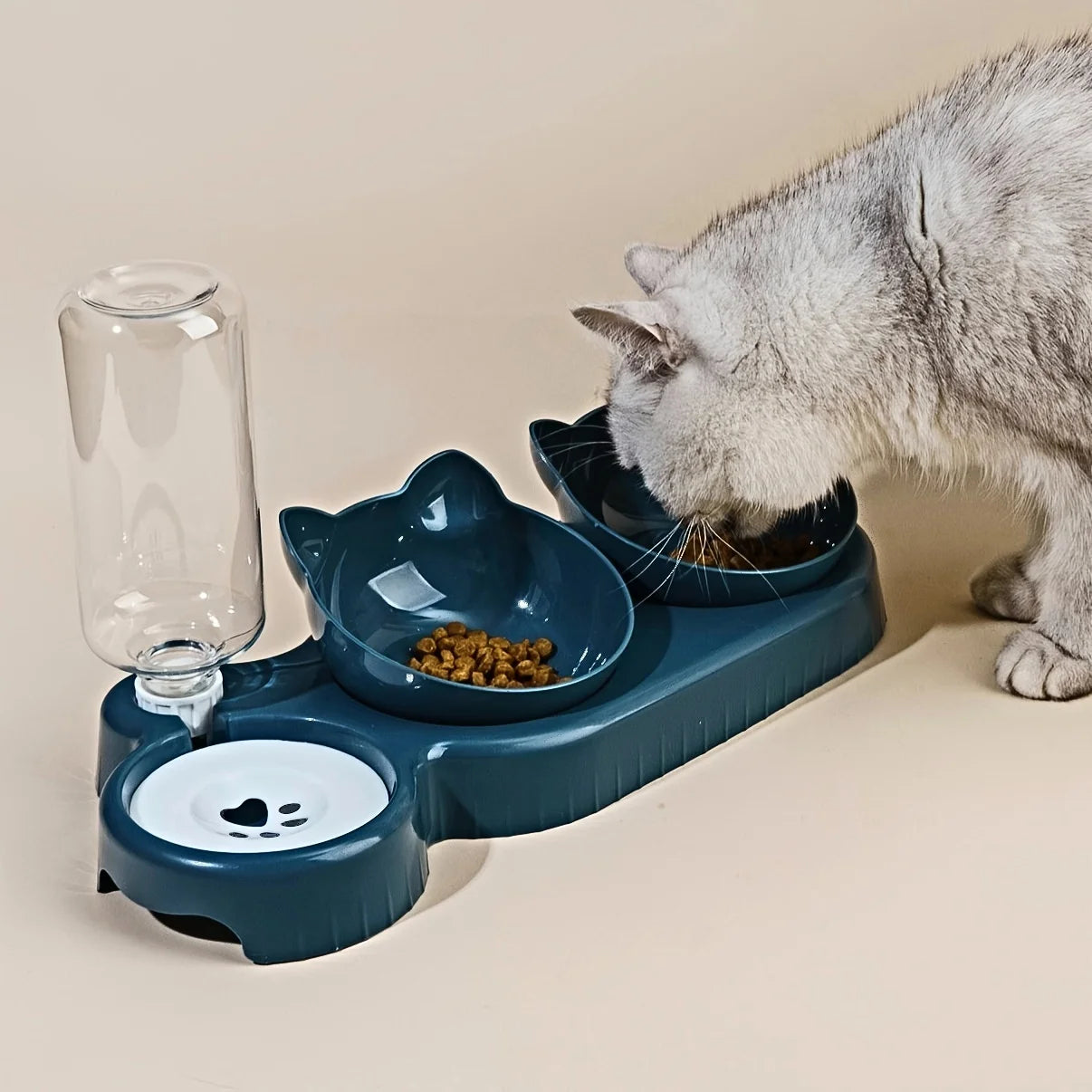 3-in-1 Tilted Cat Bowl Set with Gravity Water Feeder and Ear Design for Neck Protection