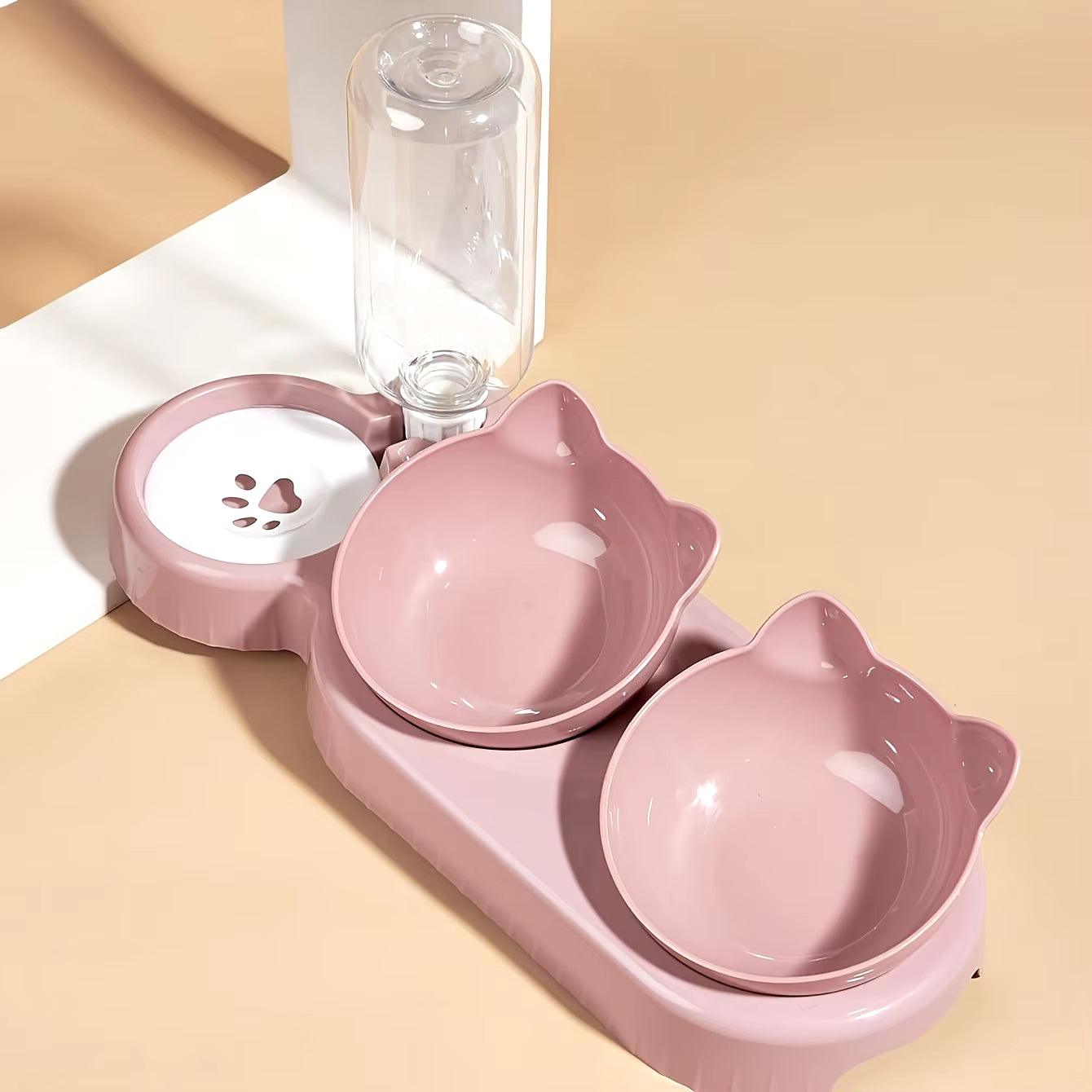 3-in-1 Tilted Cat Bowl Set with Gravity Water Feeder and Ear Design for Neck Protection