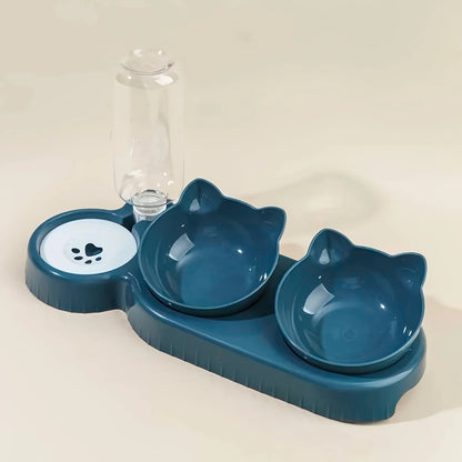 3-in-1 Tilted Cat Bowl Set with Gravity Water Feeder and Ear Design for Neck Protection