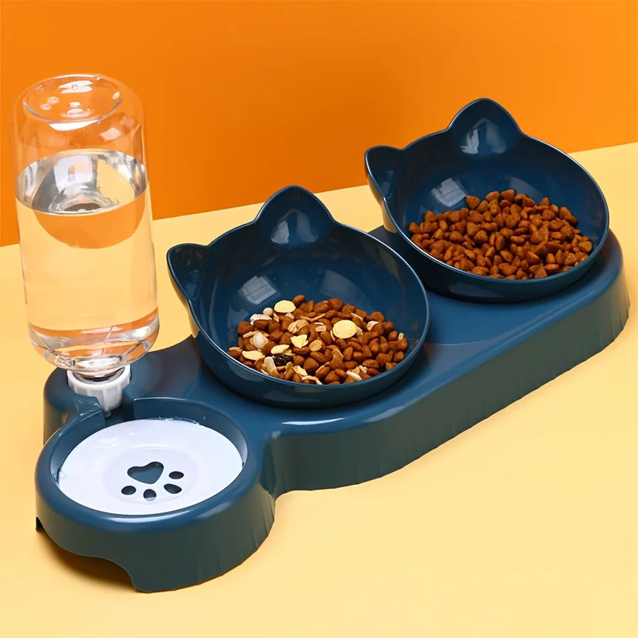 3-in-1 Tilted Cat Bowl Set with Gravity Water Feeder and Ear Design for Neck Protection