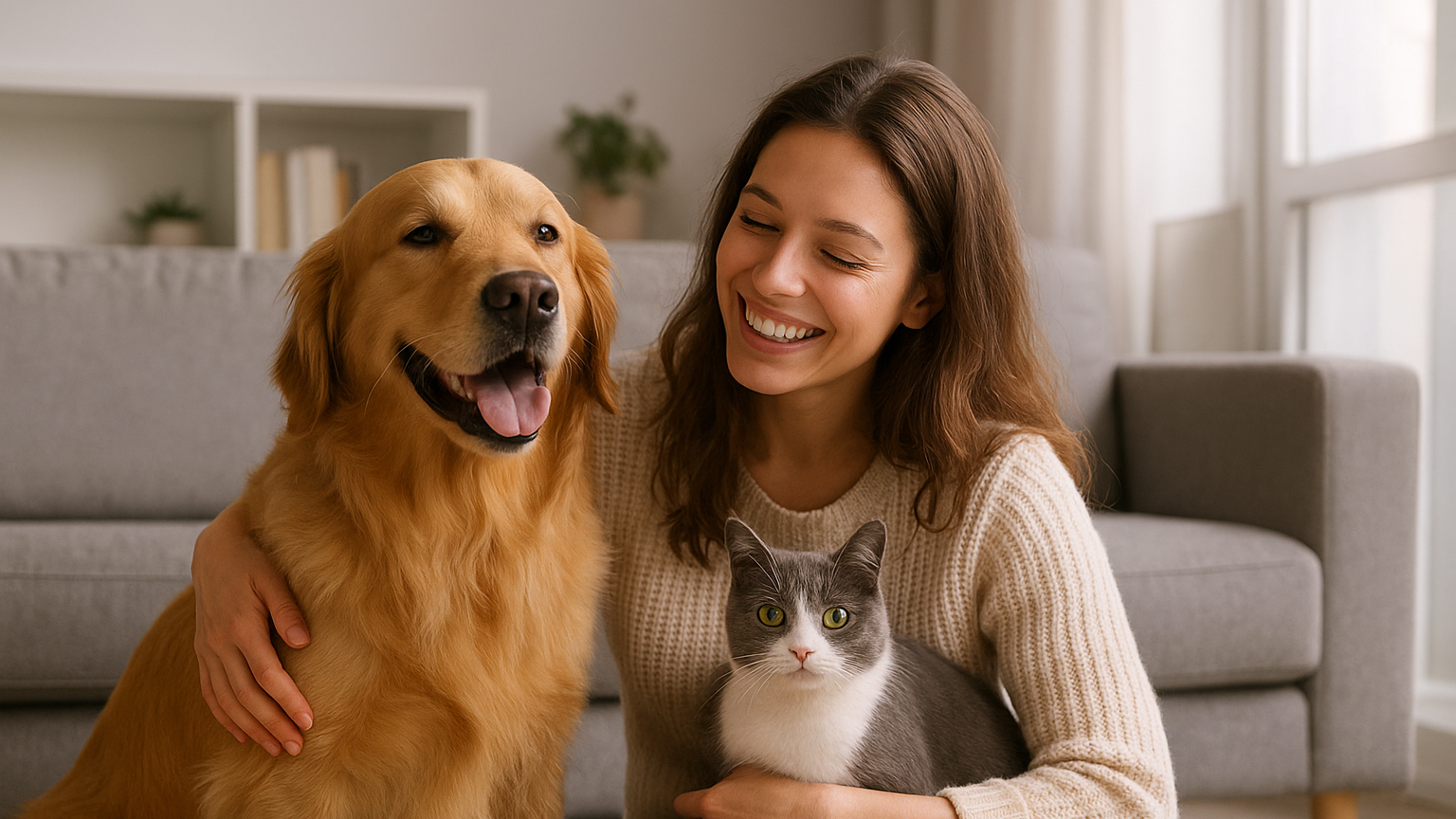Woman sitting on the floor with a golden retriever and a cat in a living room.