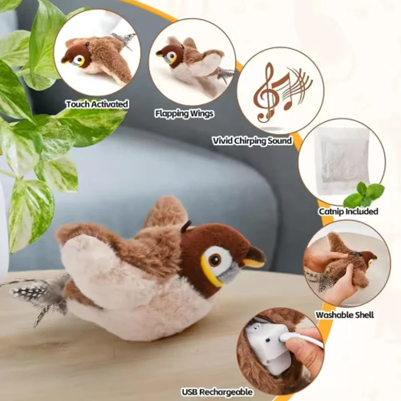 Interactive Rechargeable Touch-Activated Chirping and Flapping Bird Toy for Cats