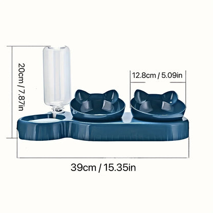 3-in-1 Tilted Cat Bowl Set with Gravity Water Feeder and Ear Design for Neck Protection