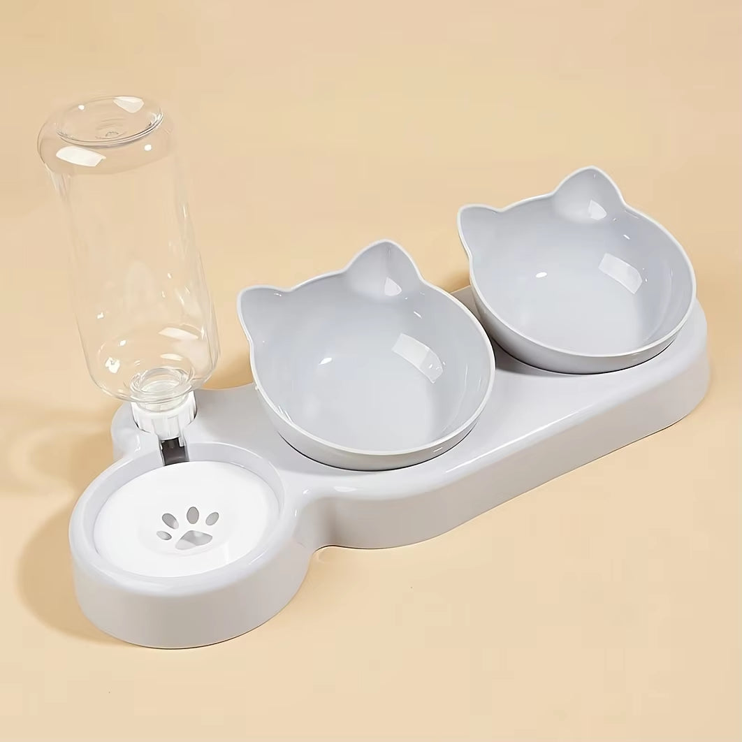 3-in-1 Tilted Cat Bowl Set with Gravity Water Feeder and Ear Design for Neck Protection