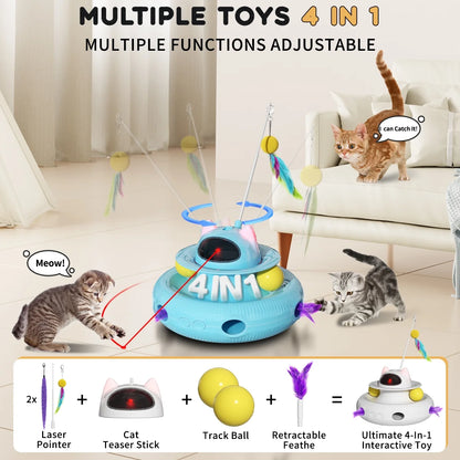 4 in 1 Interactive Cat Toys for Indoor Cats, Cat Laser Toys with 360°Rotation, Interactive Exercise Play Kitten Toy,Automatic Cat Wand Toy,Track Balls,Indoor Exercise Cat Kicker with USB Rechargeable