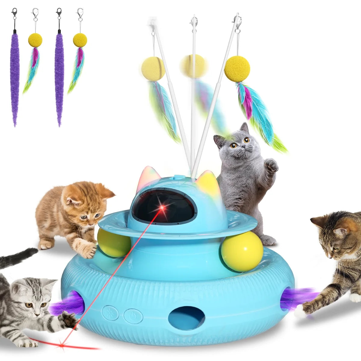 4 in 1 Interactive Cat Toys for Indoor Cats, Cat Laser Toys with 360°Rotation, Interactive Exercise Play Kitten Toy,Automatic Cat Wand Toy,Track Balls,Indoor Exercise Cat Kicker with USB Rechargeable